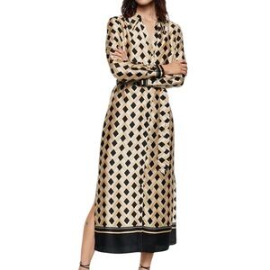 MANGO MNG Geometric Satin Kaftan Shirt Dress Button Down Long Sleeve Silky Sz 2